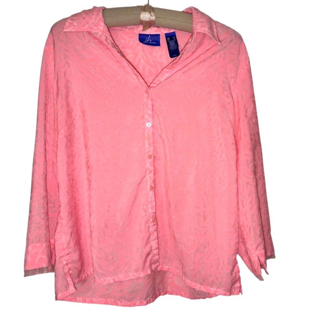 JH Collectibles Pink Button Up Blouse XL Sheer Floral Lightweight Career Casual
